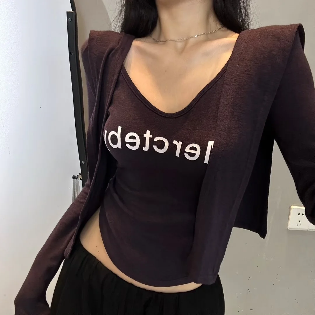 

Spicy Lady Print Long Sve Slim Fit V-Ne T-irt with awl Commute Sle Fall New Arrival Ladies Faion Cotton Crew Ne