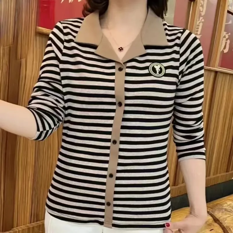 Fashionable Autumnal Striped Long Sleeve Casual Women's T-shirt Mommy Style Lapel Hoodie Comfortable Belly Covering Top