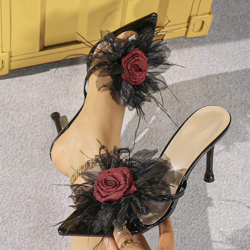 

Elegant Flower Decoration High Heels Slippers Women Summer Sexy Pointed Toe Slide Sandals Fashion Party Dress Stiletto Heels