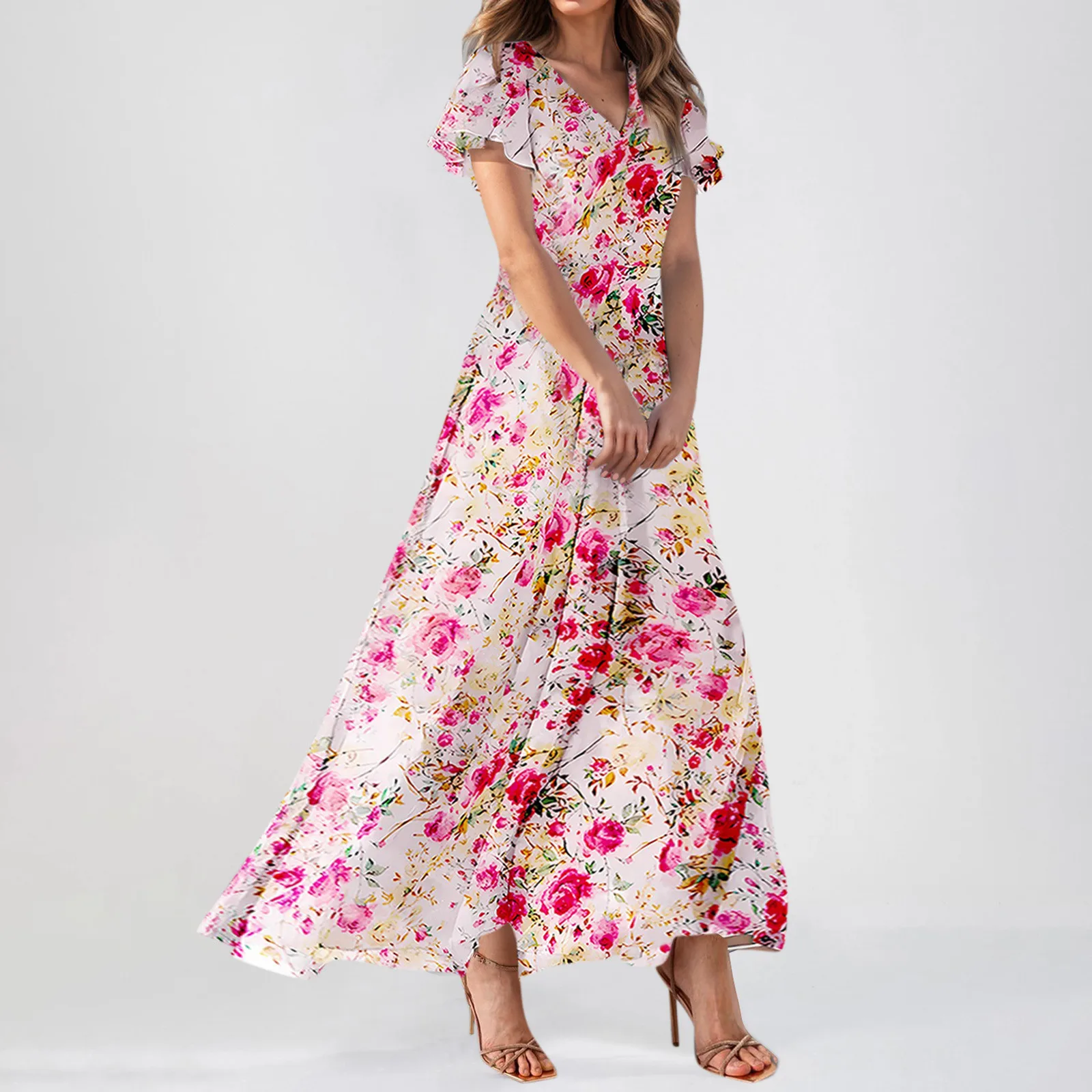 Dames Zomer Casual Korte Mouw V-Hals Elegante Maxi Jurk Met Bloemenprint Bruiloft Gast Chiffon Vloeiende Vakantie Strandjurken