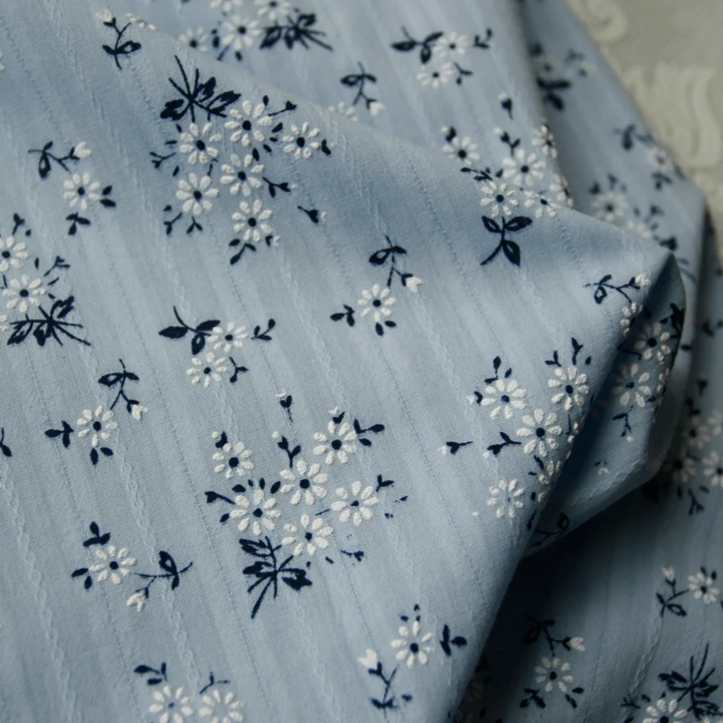 140x50cm Elegant Small Blue Jacquard Floral Cotton Sewing Fabric, for Shirt Children's Dress Clothing Blouse Handmade DIY Cloth