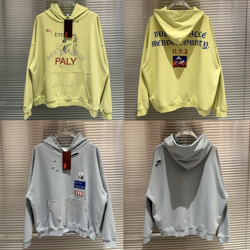 PALY Hoodies High Quality Vintage Yellow Hole Distressed Men Women Loose Pullover Sweatshirts Streetwear