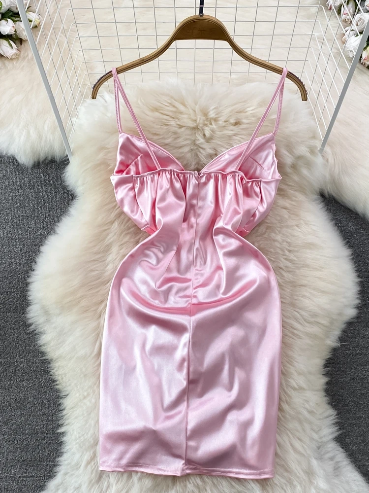 Zomer Pure Desire Sexy V-hals Taille-cinching Slim Fit Acetaat Satijn Wrap rond Band Dr vrouwen ort Rok Hoge Taille