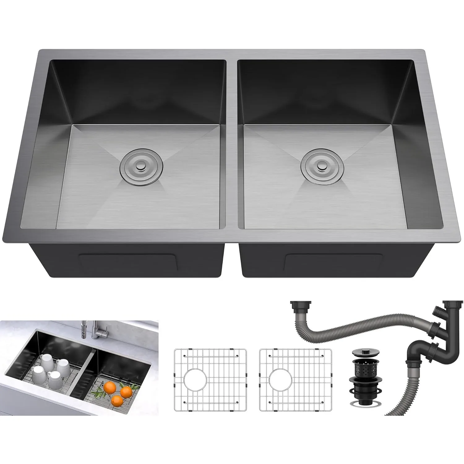 Kitchen Sink 33in Undermount Sink 50/50 Double Bowl 16 Gauge Stainless Steel Nano Gunmetal Black Sink, Bar Sink 33 x 19 x 10in