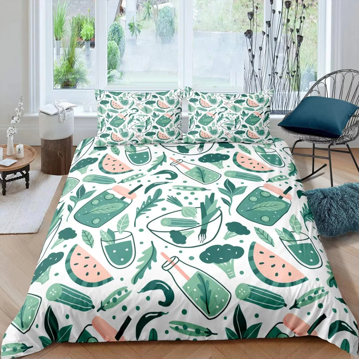 Cartoon Fruit Duvet Cover Full King Tropical Fruit Watermelon Bedding Set, Botanical Comforter Cover Kawaii Room Decor Aesthetic