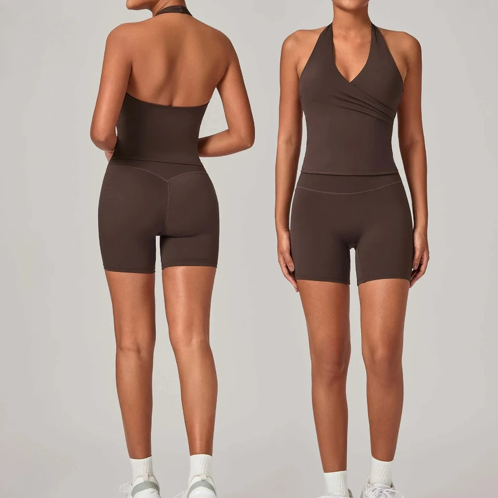 2-piece Women Gym Jogging Sports Set High Waist Hip Lifting Yoga Shorts Set Hanging V-neck Vest Shorts 2PCS Gym Workout Clothing