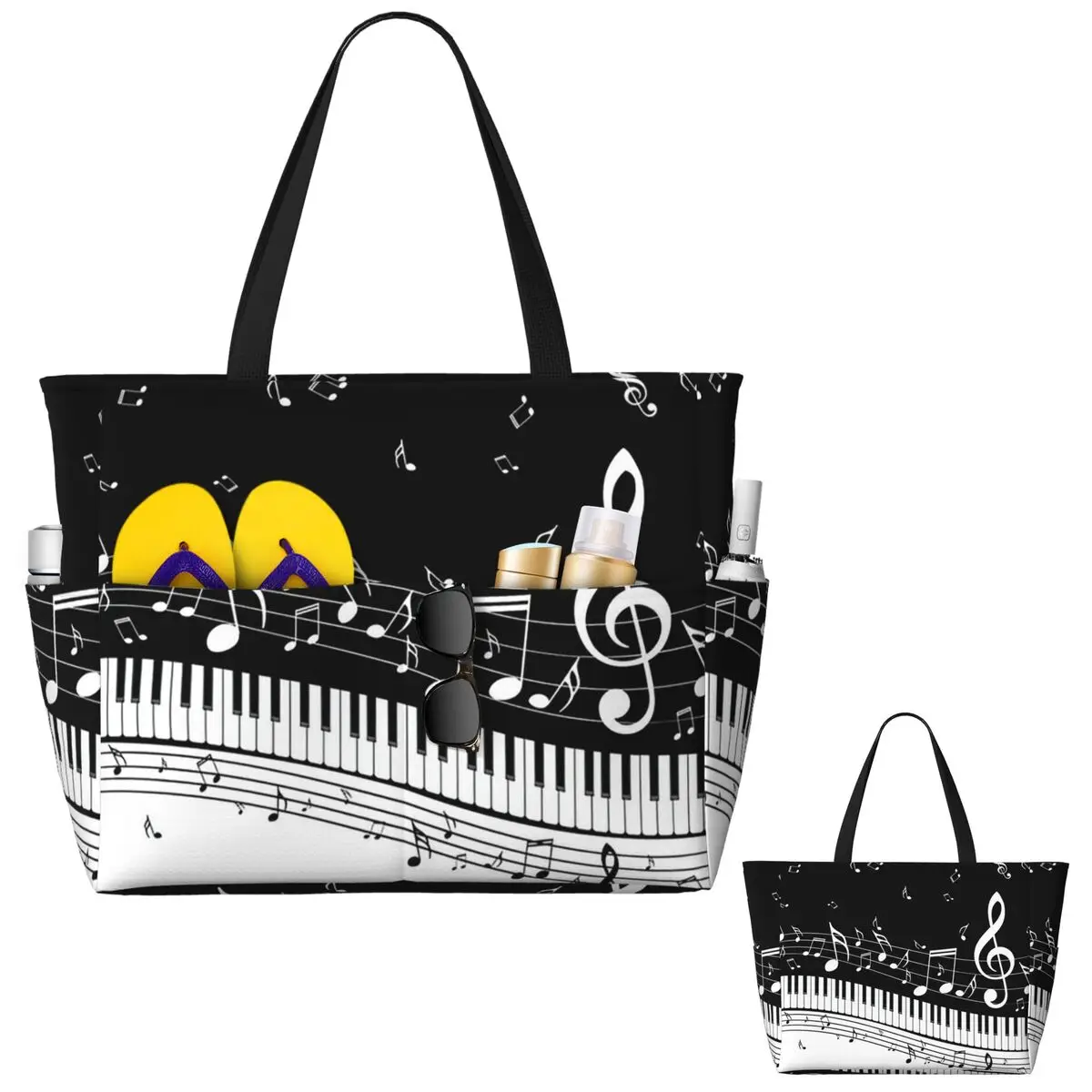 

Abstract Piano Keys With Musical Notes Beach Tote Bag Sport Gym Yoga Duffle Large Tote Bag Women Travel Bag Fitness bag