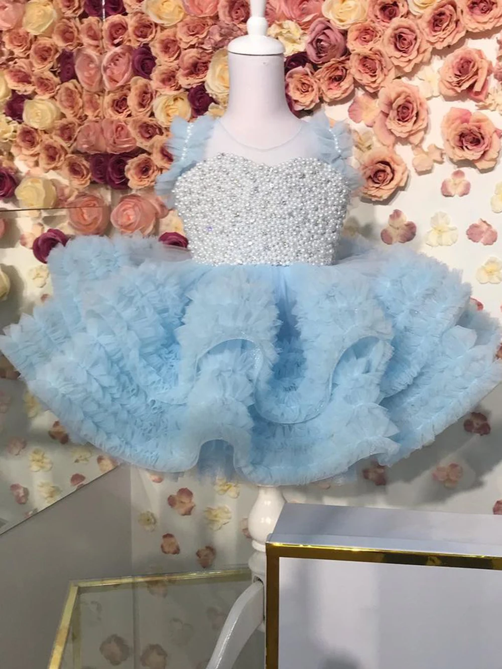 Vestidos bonitos para niña, falda escalonada con cuello transparente, vestidos de princesa para desfile, vestido de primer cumpleaños