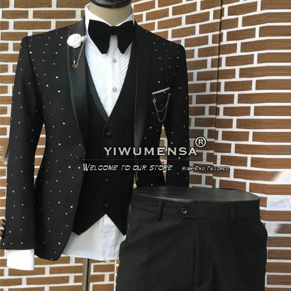 

Luxury Black Wedding Suits For Men Sliver Beaded Prom Blazer Pants 2 Pieces Groom Tuxedo Tailored Formal Party Banquet Dress