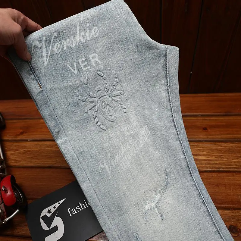 Trendy ripped jeans for men, fashionable print, elastic slim fit, small feet, rugged and handsome, summer thin long pants