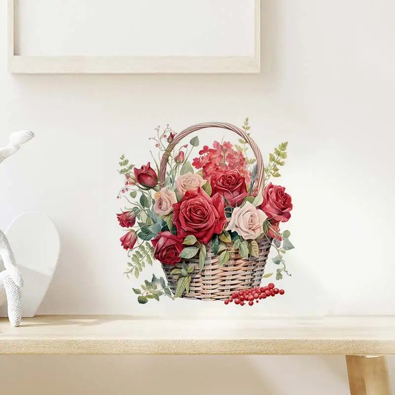 Red Roses in a Basket Watercolor Bouquet Wall Sticker Bathroom Toilet Decor Living  Refrigerator Home Decoration Decals S123