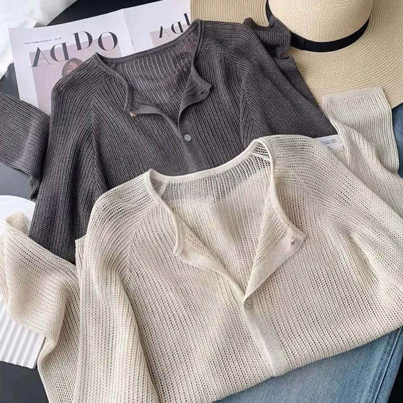 Cárdigan largo de punto de seda de hielo para mujer, redondo, Ne, abierto, Color, prendas de vestir exteriores adelgazantes versátiles, viaje Sle coreano V...