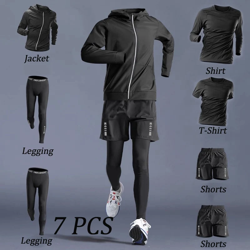 Autumn 5-7 PCS Sports Suit Men's Running Training Wear Fitness Outwear Quick Dry Clothes Morning Cycling Clothing Sportswear Men