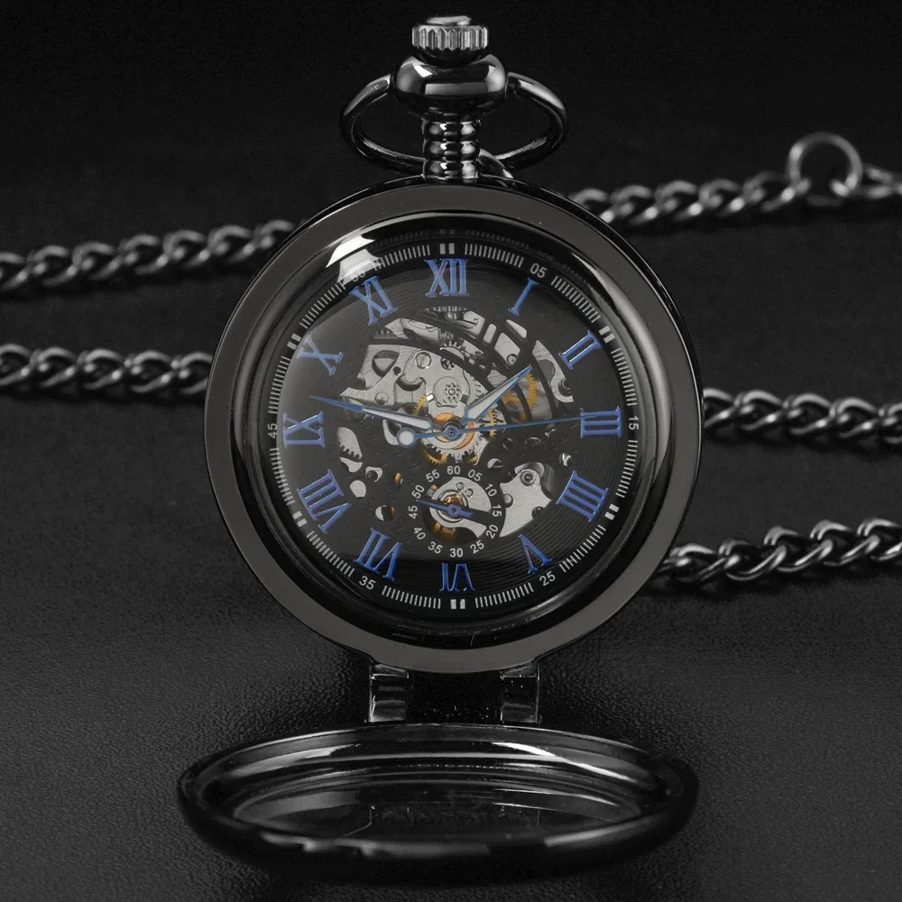 Vintage Luxury Black Metal Mechanical Pocket Watch Steampunk Watches Pin Chain Men Women Pendant Clock Gift