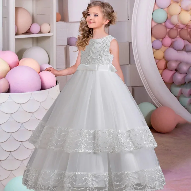 

COSda@Summer Party Girls Dress Elegant Bow Flower Bridesmaid Kids Evening Dresses For Girl Princess Pageant Prom Gown Children C