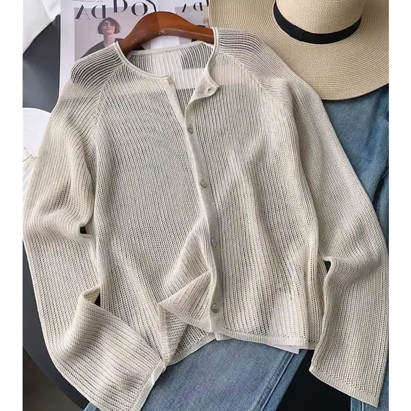 Women's Knitted Ice Silk Long Sve round Ne Open Cardigan  Color Versatile Slimming Outerwear Commute Sle Korean V...