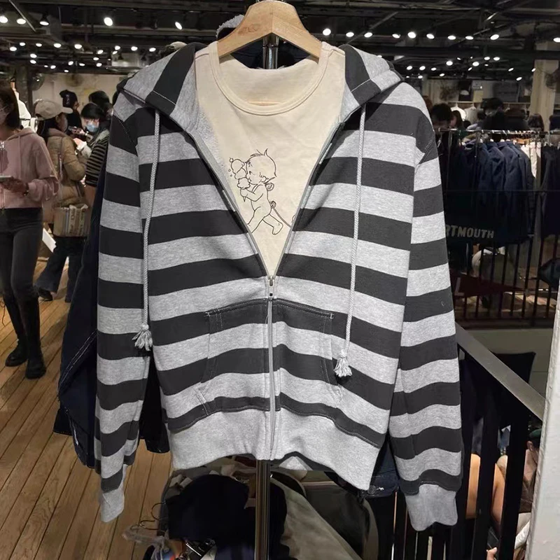 Vintage Stripe Pockets Hoodies Women Autumn New Warm Drawstring Long Sleeve Cardigan Top Casual Streetwear Y2K Sweatshirt Female