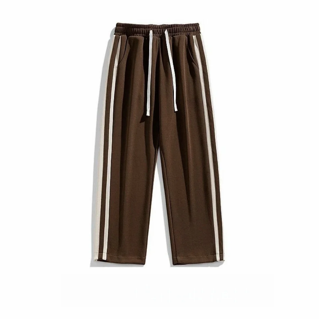 Autumn Wide Leg Long Pants Unisex Brown Side Double Stripes Drawstring Y2K Retro Hip Hop Sports Streetwear Trousers Sweatpants