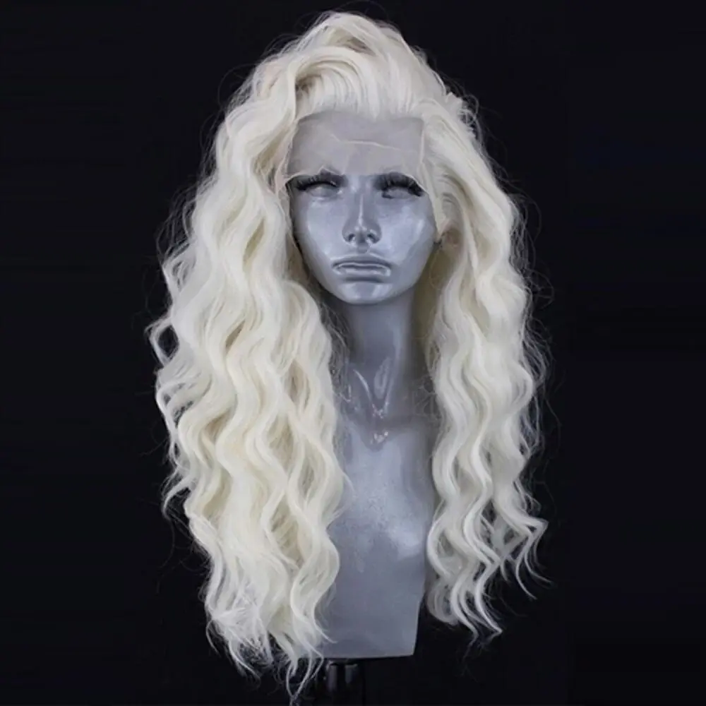 Platinum blonde Glueless Lace front wigs Water curly Heat resistant  Synthetic