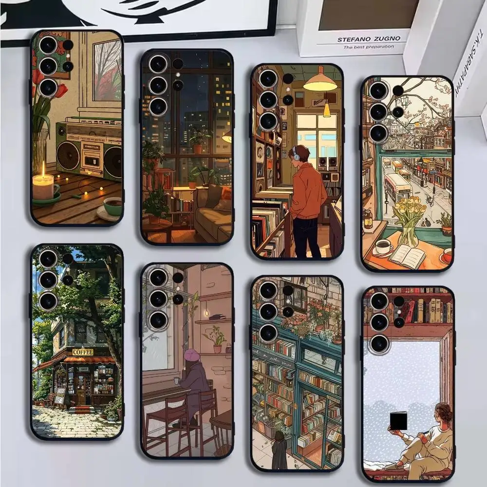 

Coffee Study Book illustration Phone Case For SamsungS25,24,21,22,23,30,Ultra,20,Plus,Fe,Lite,Note,10,9,Soft Black Cover