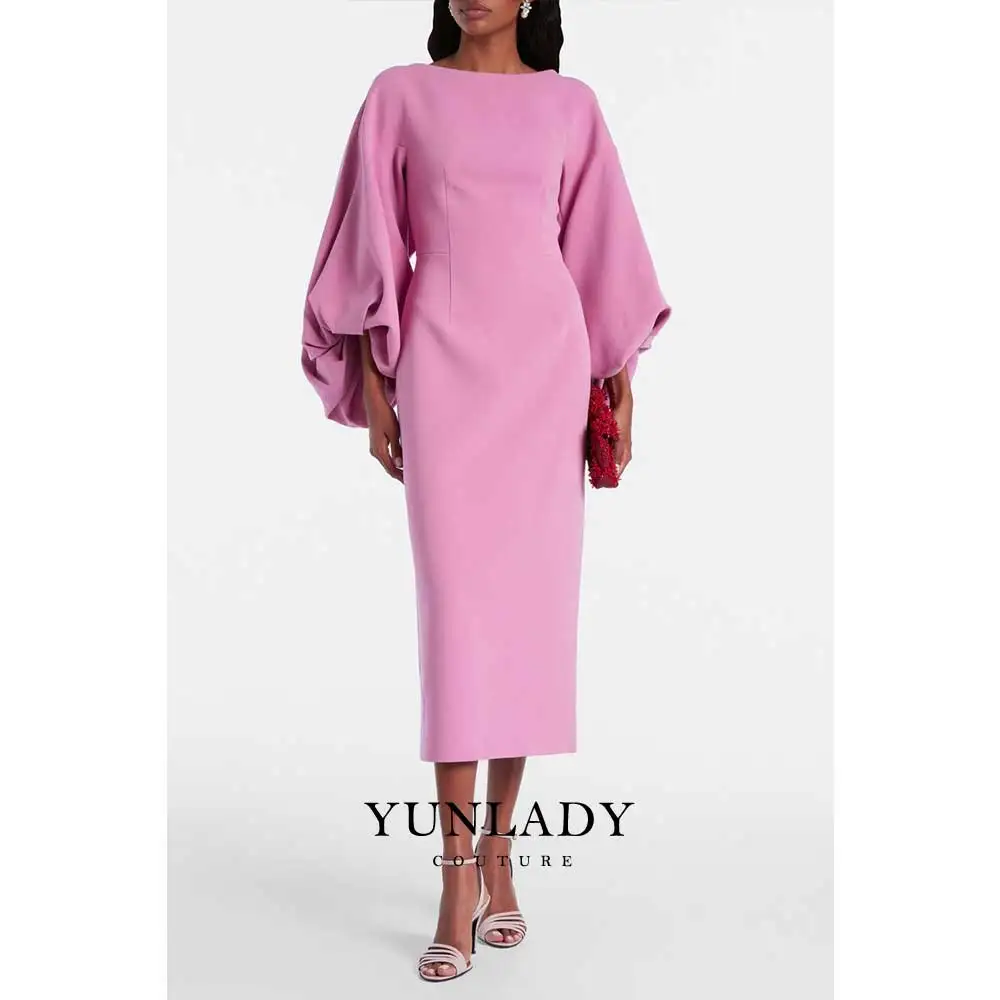 

YUNLAN Pink Crepe Puff Sleeve Midi Dress Elegant Arabian Women Half Sleeve Wedding Party Gowns Guest Dress