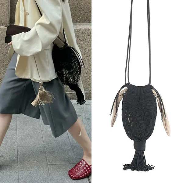 

Spring Summer 2025 Unique Design Single oulder Slant Cross Fi Net Hollow Weaving Tassel Lantern Octopus Net Pouch Bag