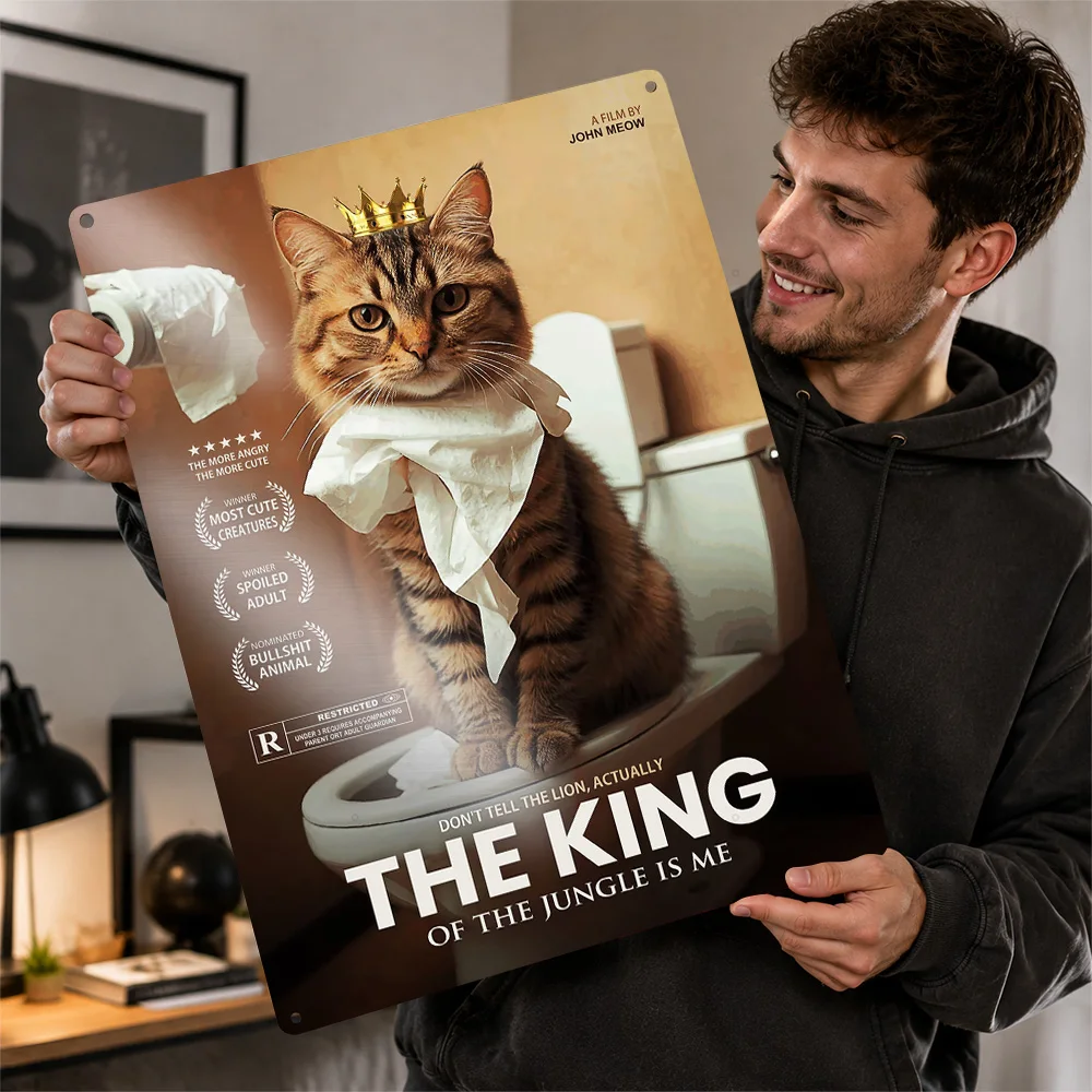 Ginger Cat Toilet King Textured Metal Poster Playful Illustration Wall Art For Powder Room Customized Aluminum Sign Host Gift