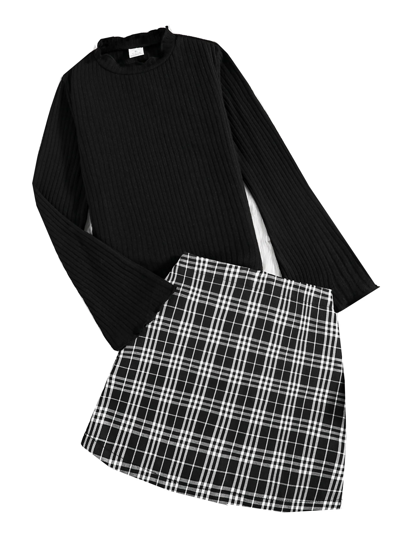 Spring and autumn new children\'s fashion casual girls 2-piece set black crew-neck long-sleeved top and plaid skirt