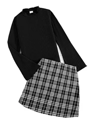 Spring and autumn new children's fashion casual girls 2-piece set black crew-neck long-sleeved top and plaid skirt