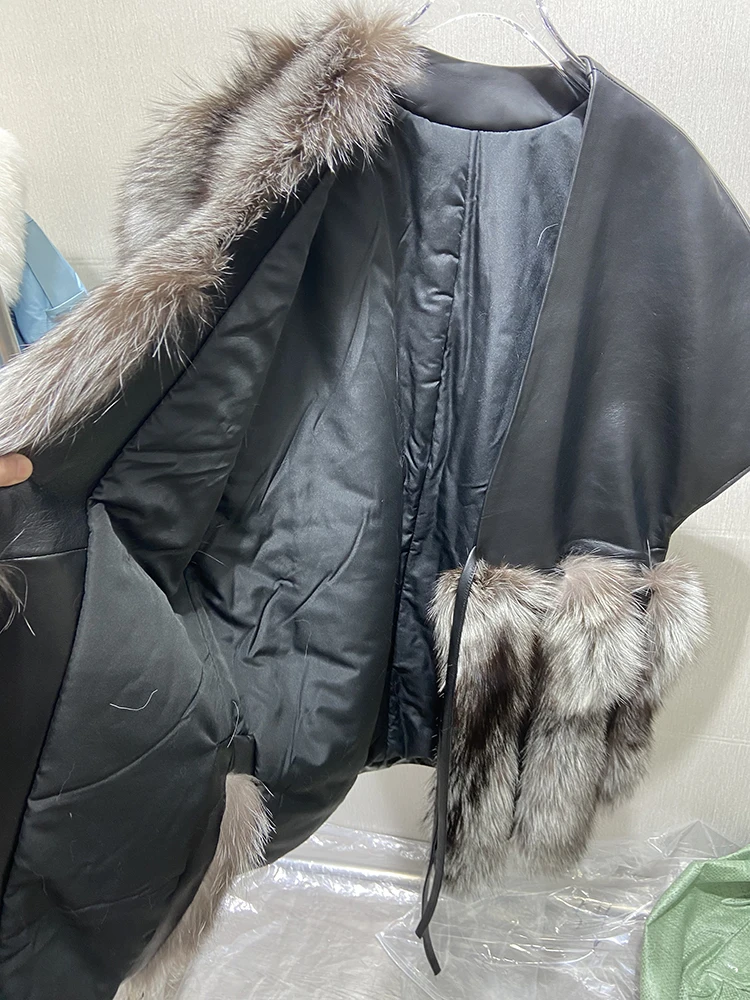 2025 Luxus Frauen Winter Weibliche Natürliche Silber Fuchs Pelz Außerhalb Echtem Schaffell Leder Oversize Lose Freizeit Jacke Mantel