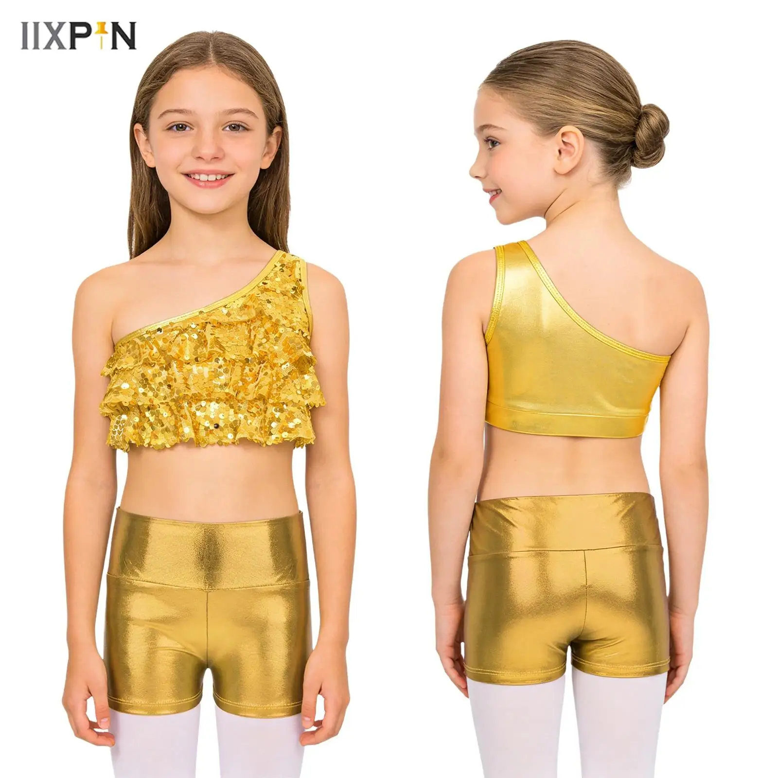 

Костюм для выступлений в стиле латино-джаз для девочек-подростков, 2 предмета: блестящие топы с пайетками и шорты-кюлоты, наряд для танцевальных шоу