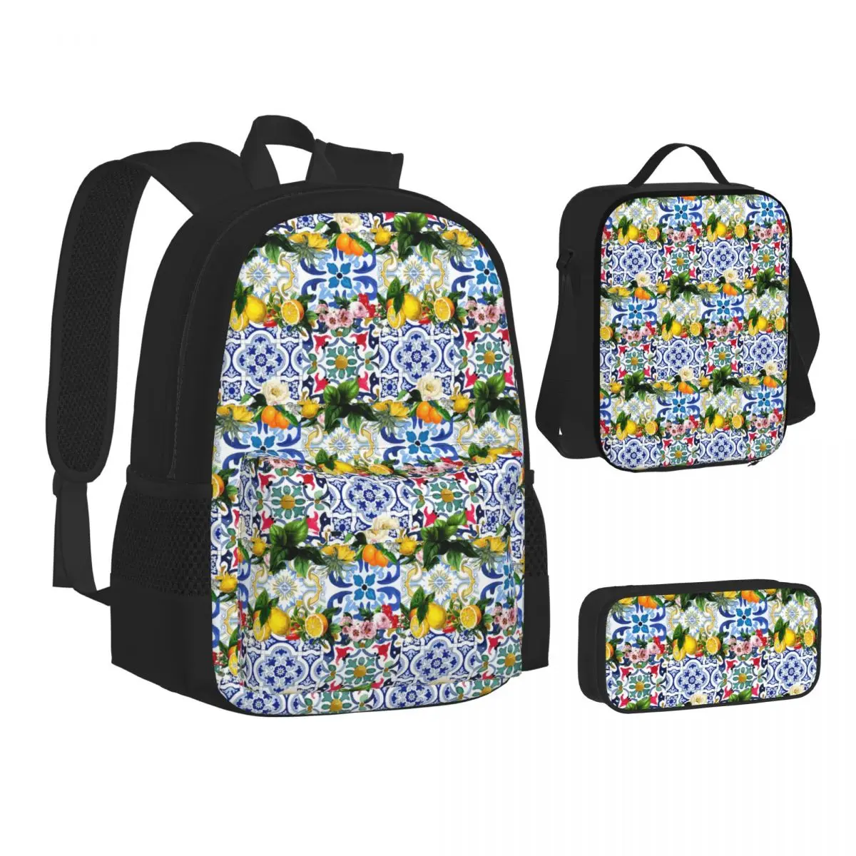 Sicilian Tiles,mediterranean,mosaic,lemons Backpacks Bookbag School Bags Kids Rucksack Lunch Bag Pen Bag Three-Piece Set
