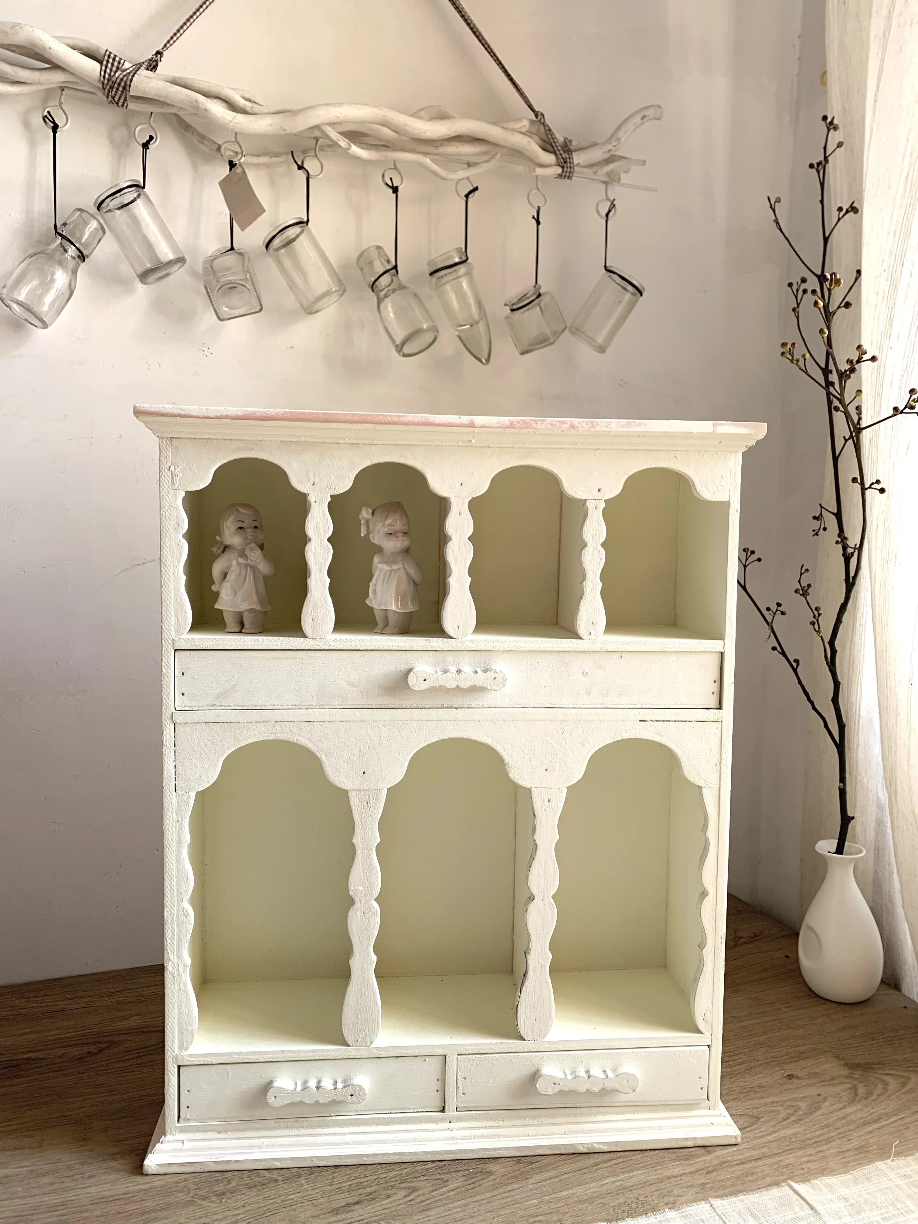 Wooden Vintage Dollhouse Display Cabinet, Miniature Storage Unit with Drawers & Shelves