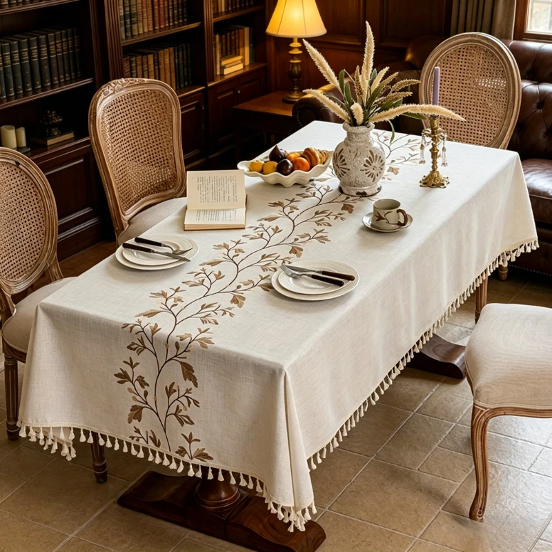 Luxury fabric tablecloth, artistic embroidery and tassel design, versatile for home dining, tea break and various party events