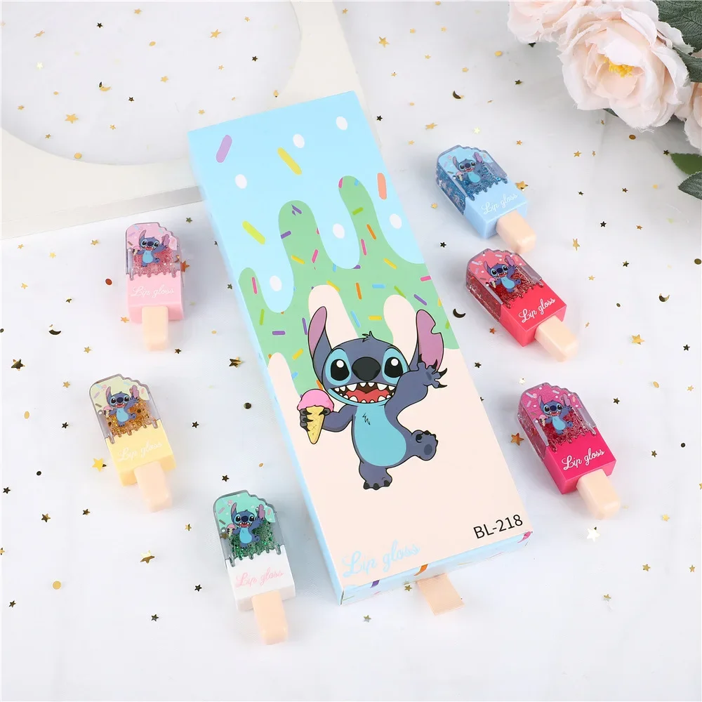 Set of 6 Cute Stitch Ice Cream Moisturizing Lip Gloss Set Party Gift 6 Colors Lip Gloss Moisturizing Liquid Lipstick Xmas Gifts