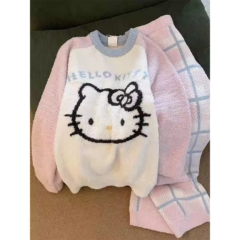 

Пижамный комплект Sanrio Hello Kitty, зимние милые утепленные теплые пижамы с героями мультфильмов для девочек, домашняя одежда, флисовый комплект одежды для сна