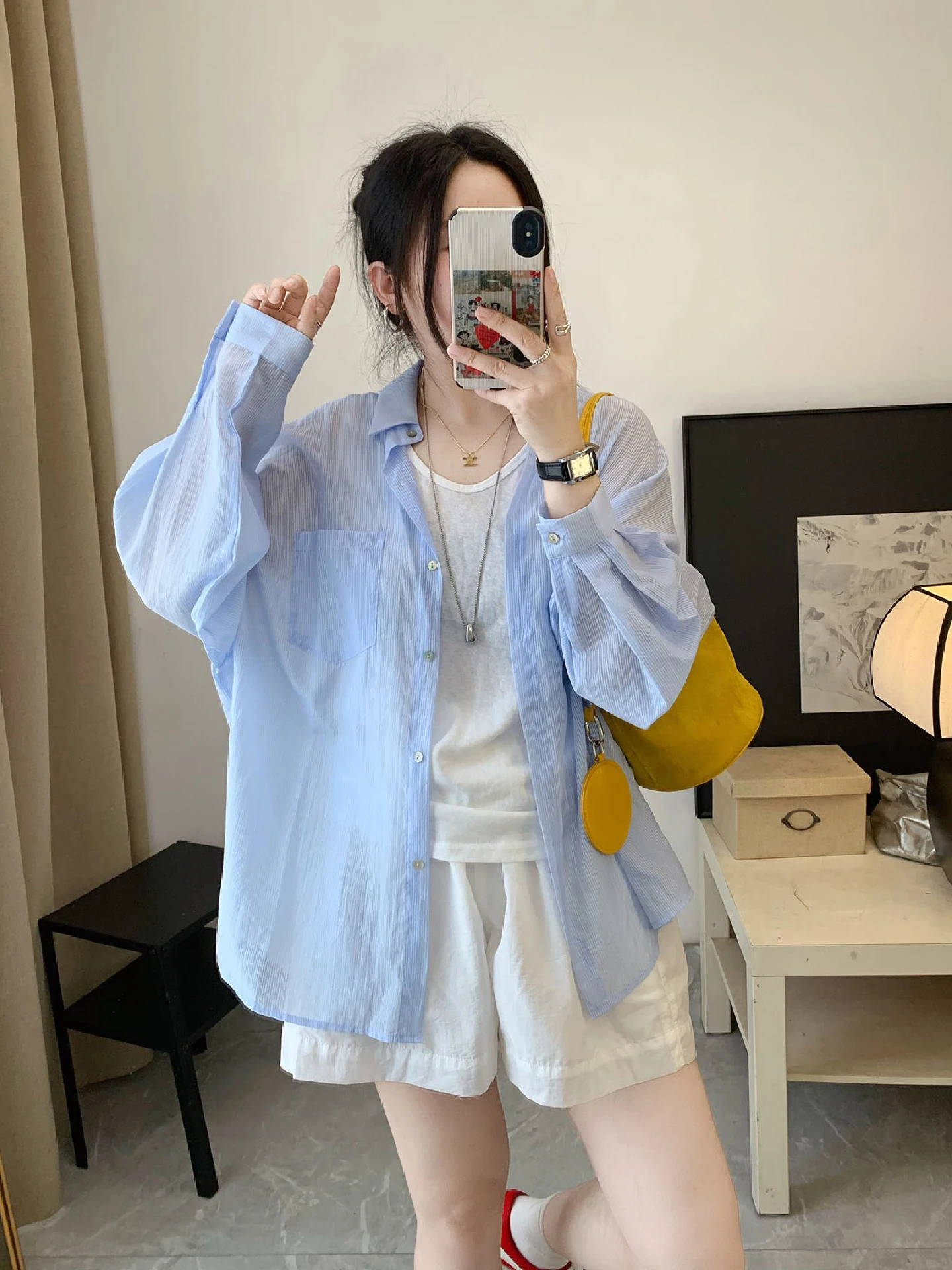 

Sun Protection Blue Striped Women's Shirt Lightweight Two-Piece Set Casual Style Polyester Fiber Breathable Comfortable Fit