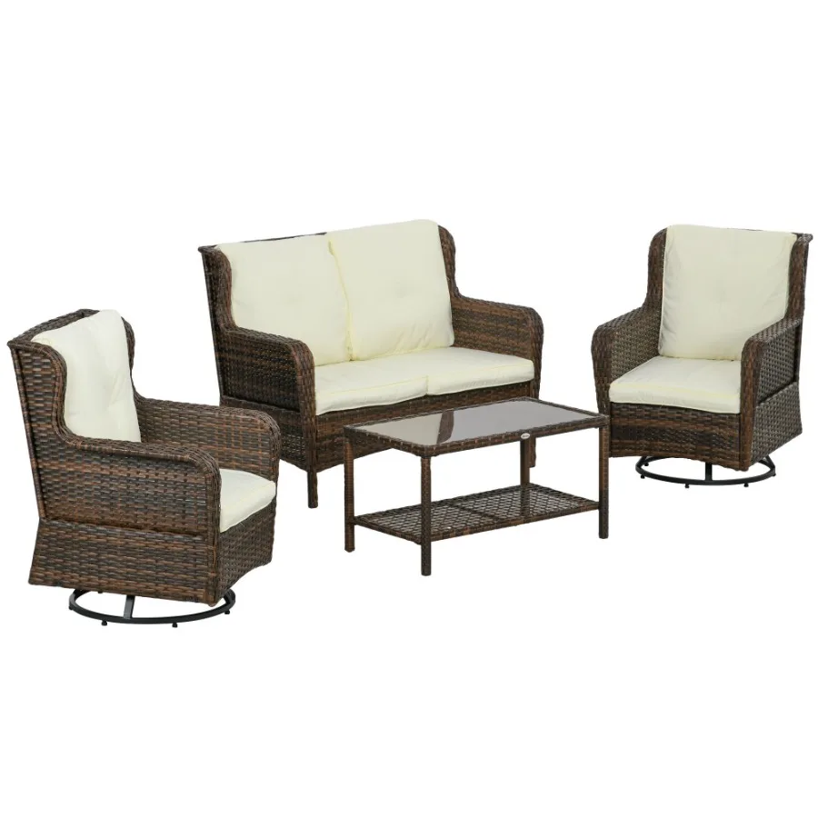

4pc Rattan Patio Set Outdoor Conversation with Swivel Rocking Chairs Cream