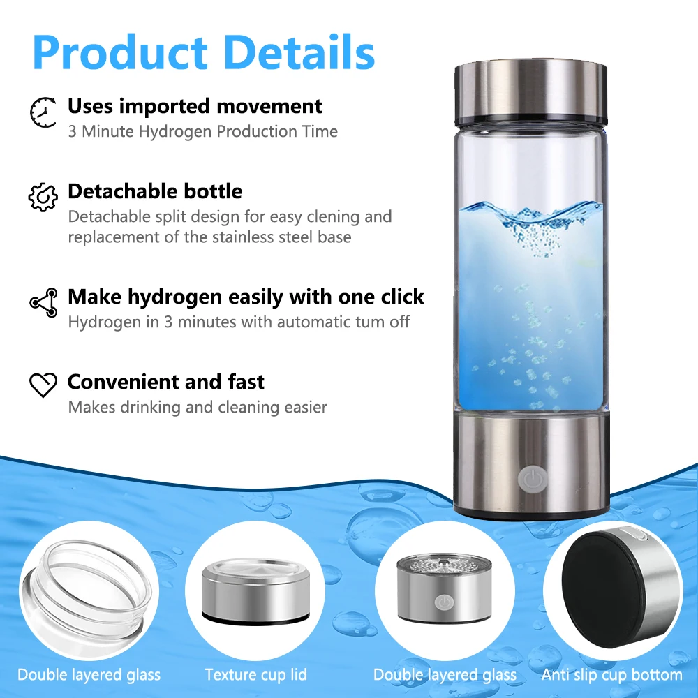 Wholesale  420Ml Portable Usb Rechargeable Hydrogen-Eriched Water  Detachable Digital Display Hydrogen