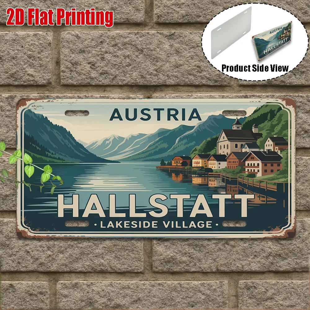 2D Flat Retro Welcome to Hallstatt Aluminum Wall Sign Lakeside Village Alpine Scenery Decor Outdoor Wall Art Scenic Travel Gift