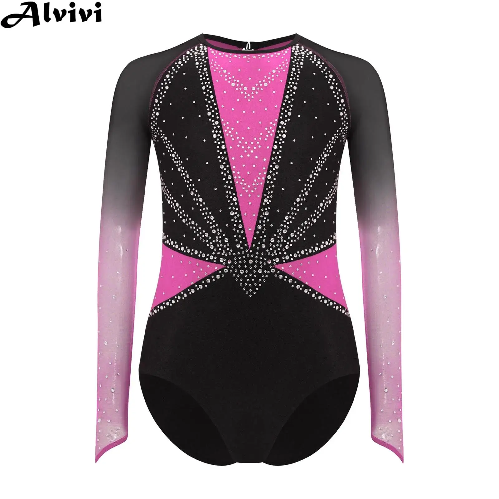 Children Girls Long Sleeve Shiny Rhinestones Sheer Mesh Figure Skating Gymnastics Leotard Ballet Dance Acrobatics Yoga Bodysuit