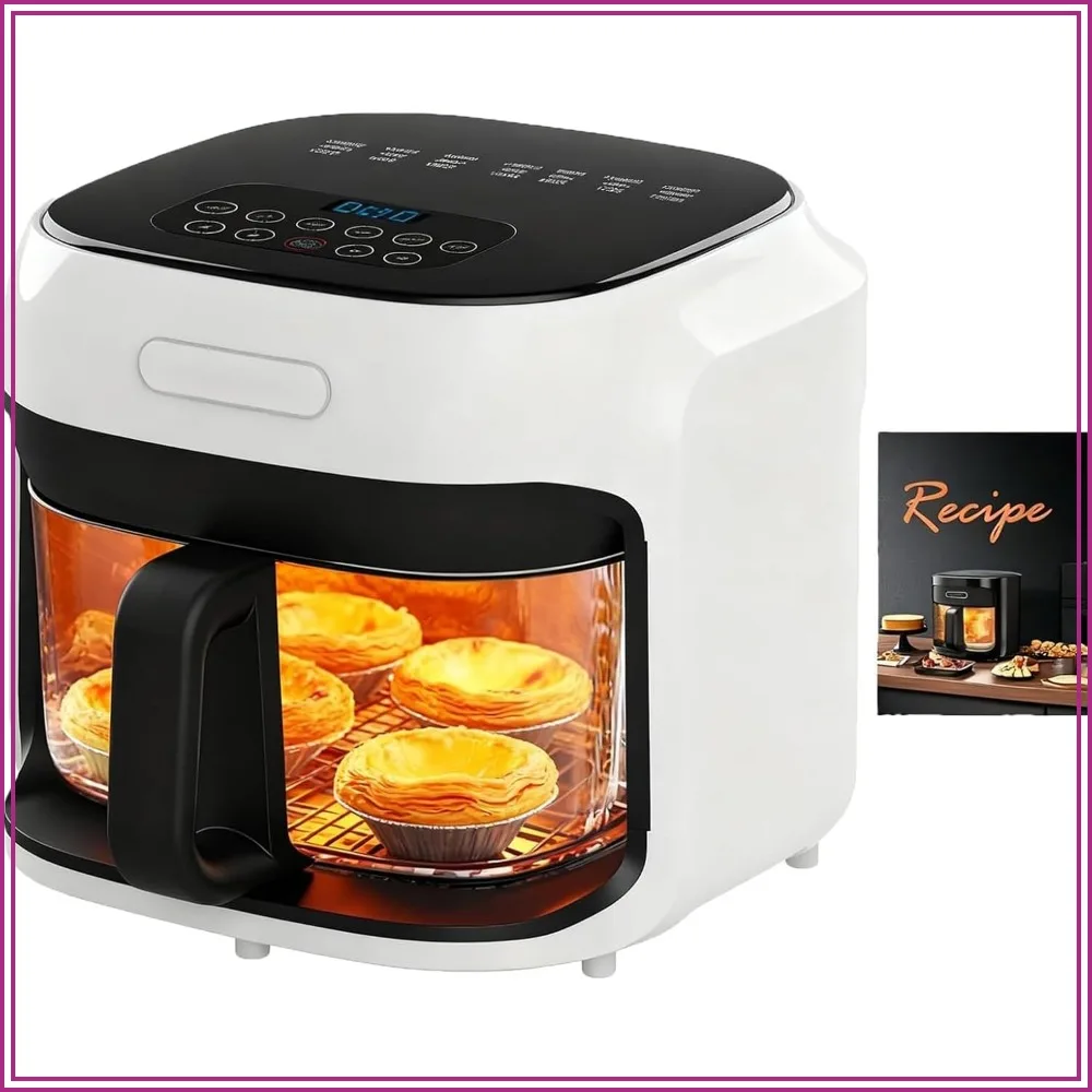 7.3QT Glass Air Fryer with See-Through Bowl, 360° Hot Air, 5 Presets, 1200W Fast Heating, Dishwasher Safe
