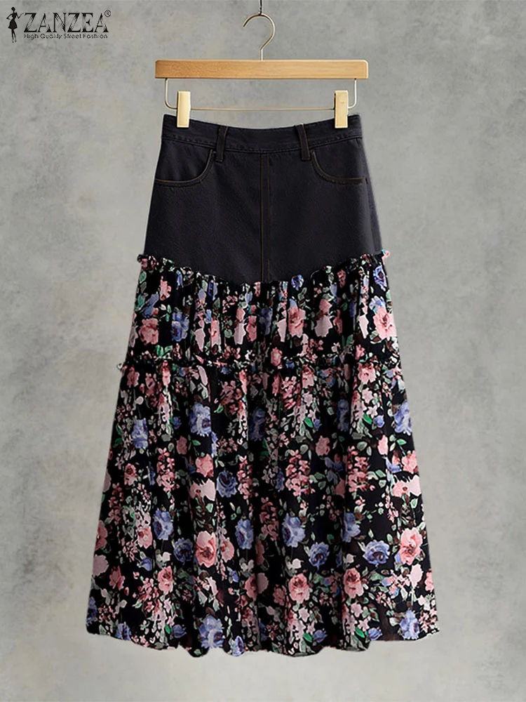 

2025 ZANZEA Vintage Women Floral Print Long Skirts Autumn Elastic Waist Jupes Faldas Saia Patchwork Casual Pocket Maxi Bottoms