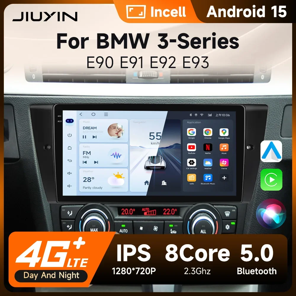JIUYIN Autoradio für BMW 3er-Serie E90 E91 E92 E93, kabelloses CarPlay, Android Auto, intelligente Autosysteme, kein 2-Din-2din-DVD