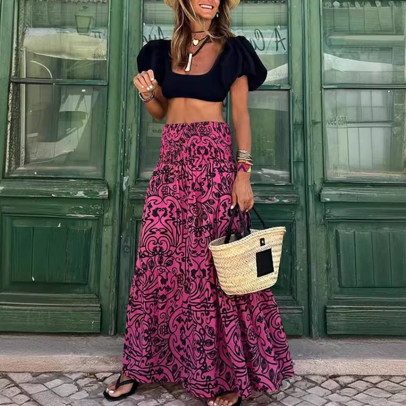 

2024 New Spring and Autumn Streetwear Fashion Casual Loose High Waist Skirt Printed Geometric Folds Ankle Skirts Women's Skirt