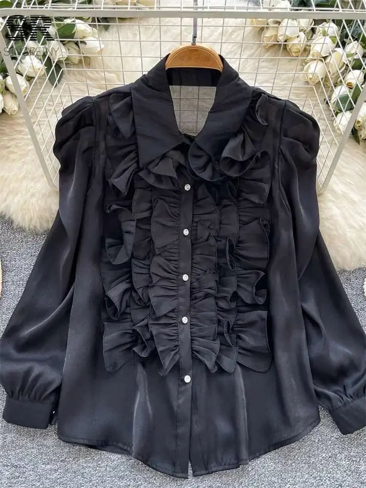 

BabYoung Autumn Edible Tree Fungus Blouses Women Long Sleeve Temperament Single Breasted Turn-Down Collar Gentle Sheer Shirt