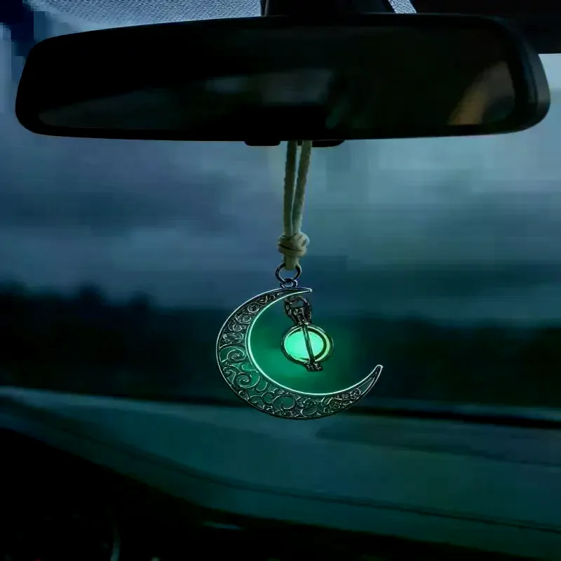 Moon Pendant Car Hanging Ornament – Hollow Crescent Design, Inlaid With Luminous Stone, Elegant Rearview Mirror Decor image 3