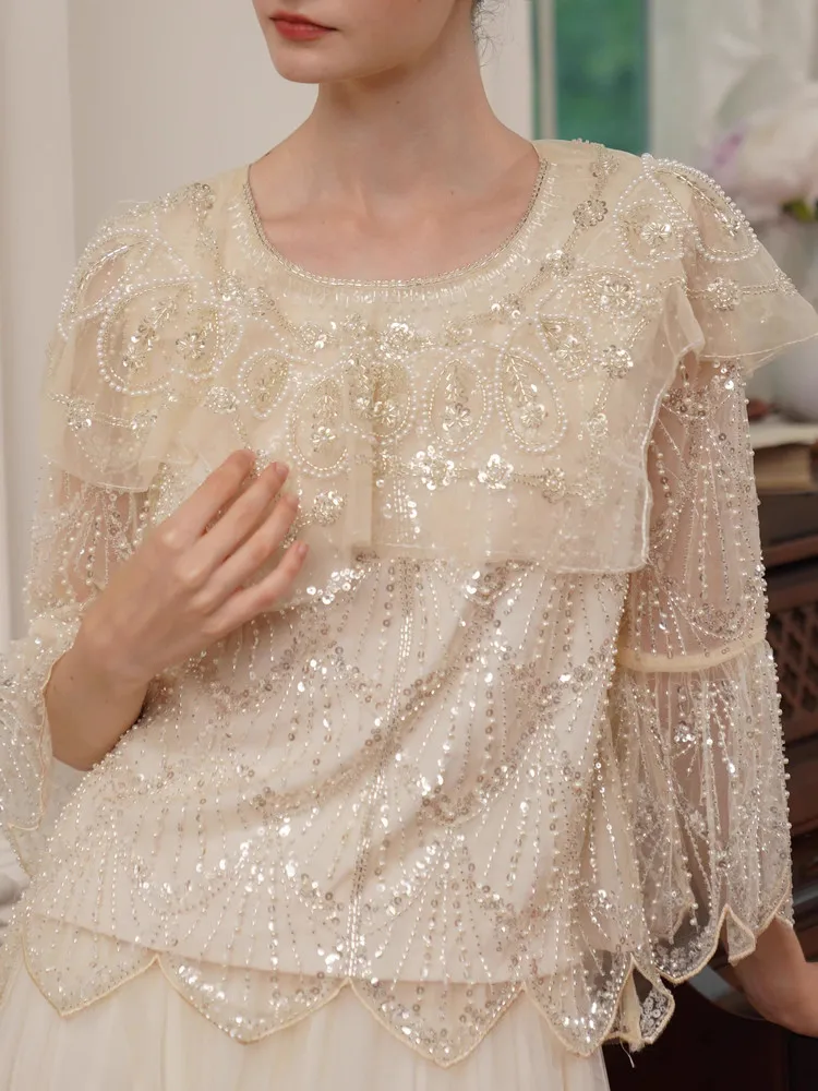 

94-106cmBust SpringSummer Blouses Women Luxury Elegant Loose Handmade Beadings Pearls Sparkling Sequins Flare Sleeve Shirts Tops