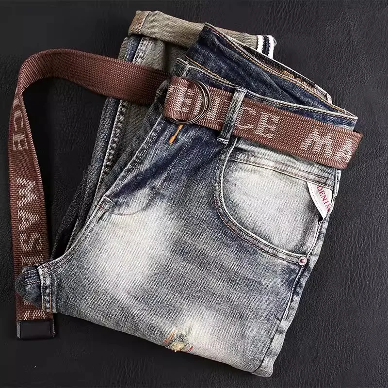 Jeans Hip Hop bordado masculino, elástico lavado, perfurado, elegante, retrô, cinza, azul, designer