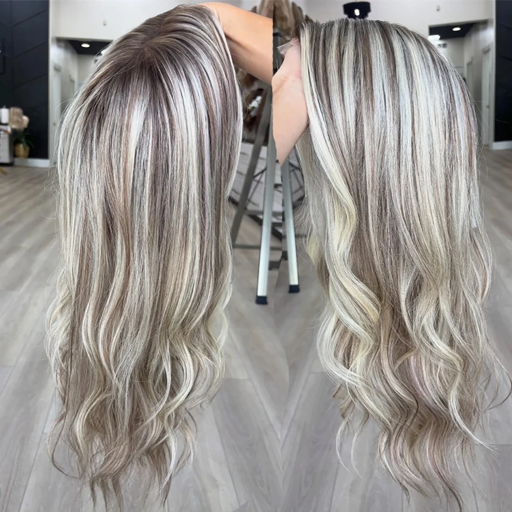 100 Echthaar-Perücke, aschblond, dunkle Wurzeln, gewellt, Highlight, brasilianische Perücken, 13 x 6, transparente Spitze, farbig, bereit zum Tragen